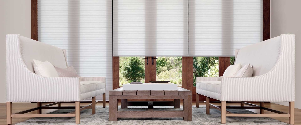 Two white couches and Sonnette shades covering glass doords and windows.